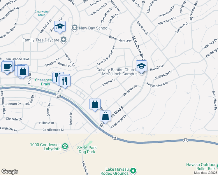 map of restaurants, bars, coffee shops, grocery stores, and more near 3661 Monterey Drive in Lake Havasu City