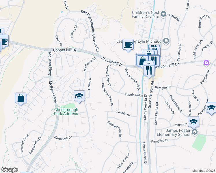 map of restaurants, bars, coffee shops, grocery stores, and more near 23118 Tupelo Ridge Drive in Santa Clarita