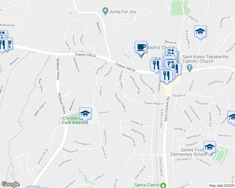 map of restaurants, bars, coffee shops, grocery stores, and more near 27954 Palmetto Ridge Drive in Santa Clarita