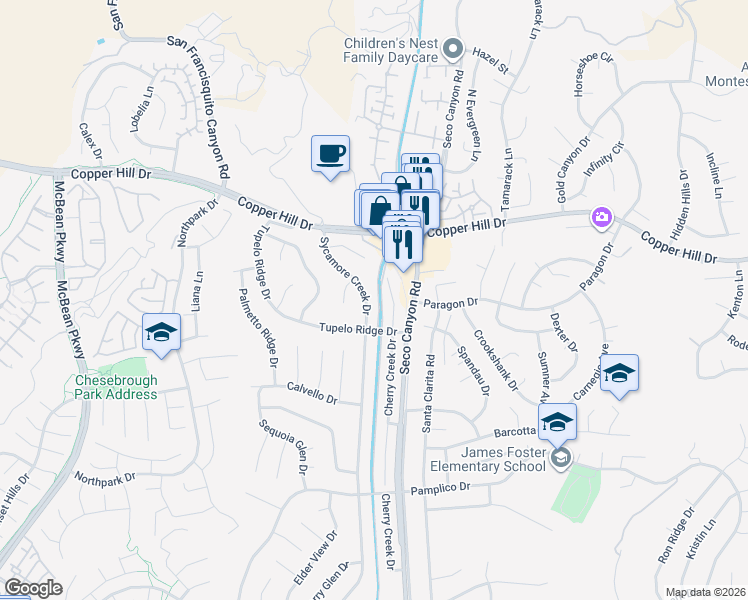 map of restaurants, bars, coffee shops, grocery stores, and more near 27834 Sycamore Creek Drive in Santa Clarita