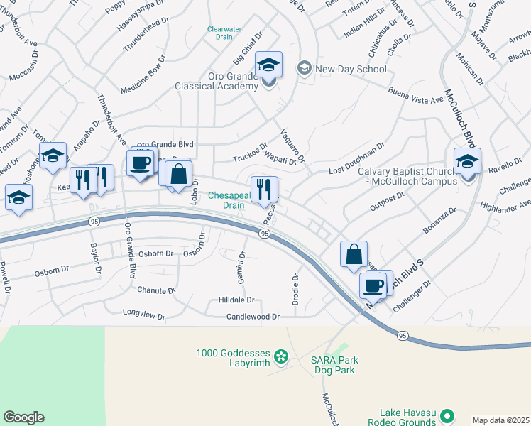 map of restaurants, bars, coffee shops, grocery stores, and more near 3453 Maricopa Avenue in Lake Havasu City