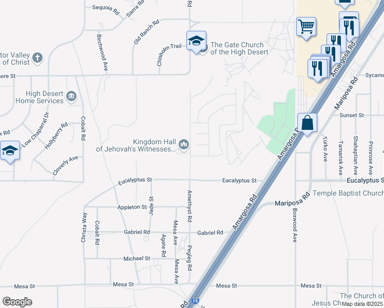 map of restaurants, bars, coffee shops, grocery stores, and more near 13682 Emery Street in Victorville