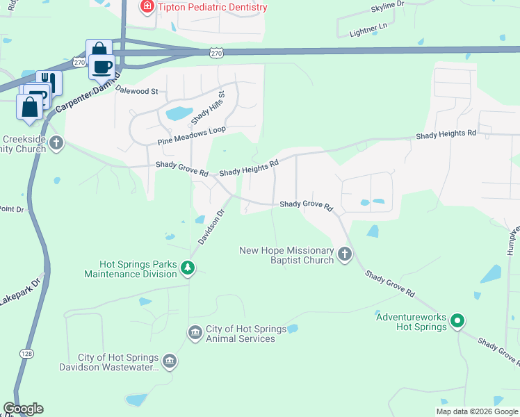 map of restaurants, bars, coffee shops, grocery stores, and more near 1336 Shady Grove Road in Hot Springs