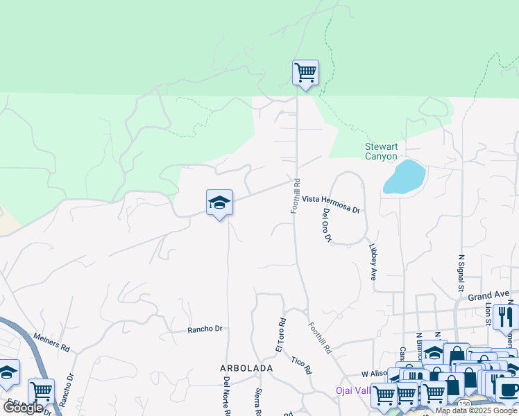 map of restaurants, bars, coffee shops, grocery stores, and more near 123 Fairview Road in Ojai