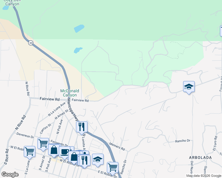 map of restaurants, bars, coffee shops, grocery stores, and more near 543 Fairview Road in Ojai