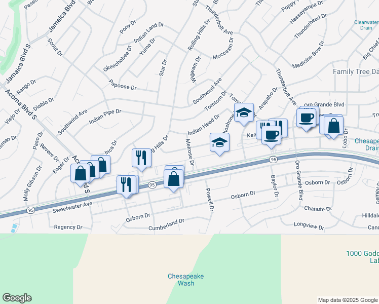 map of restaurants, bars, coffee shops, grocery stores, and more near 3057 Shoshone Drive in Lake Havasu City