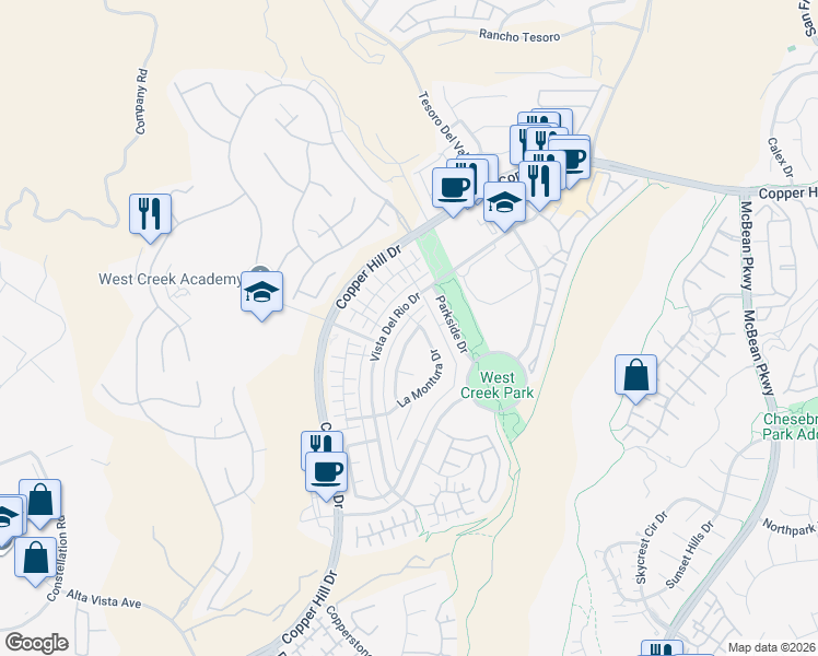 map of restaurants, bars, coffee shops, grocery stores, and more near 28577 Las Canastas Drive in Santa Clarita