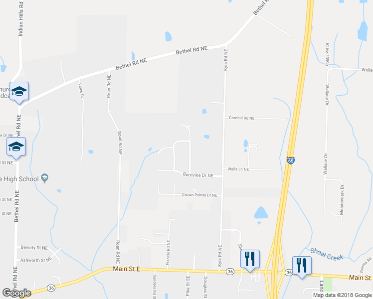 map of restaurants, bars, coffee shops, grocery stores, and more near 1113 Ridgecrest Lane Northeast in Hartselle