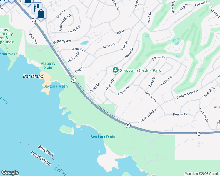 map of restaurants, bars, coffee shops, grocery stores, and more near 590 Hagen Way in Lake Havasu City