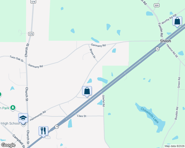 map of restaurants, bars, coffee shops, grocery stores, and more near 881 Hammonds Road in Fyffe