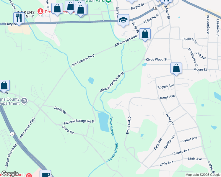 map of restaurants, bars, coffee shops, grocery stores, and more near 751 Mineral Springs Road North in Jasper