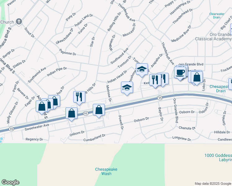 map of restaurants, bars, coffee shops, grocery stores, and more near 3064 Shoshone Drive in Lake Havasu City