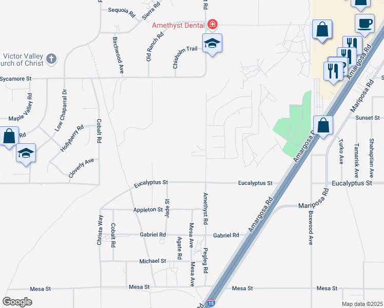 map of restaurants, bars, coffee shops, grocery stores, and more near 11424 Amethyst Rd in Victorville