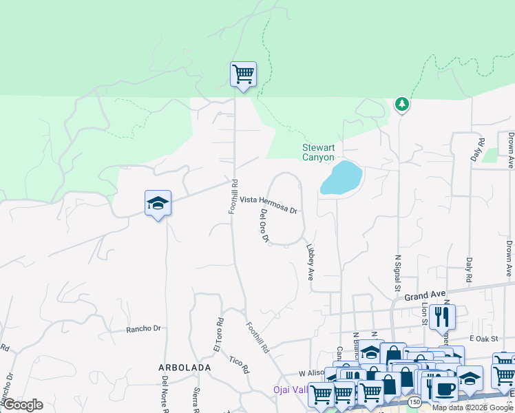 map of restaurants, bars, coffee shops, grocery stores, and more near 565 Del Oro Drive in Ojai