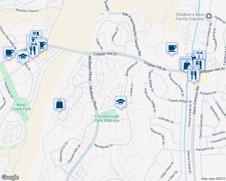 map of restaurants, bars, coffee shops, grocery stores, and more near 28120 Castillo Lane in Santa Clarita