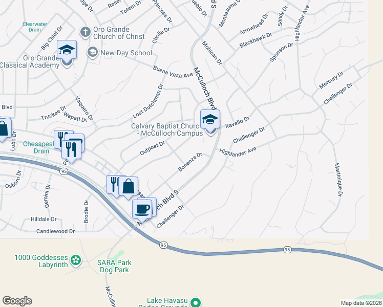 map of restaurants, bars, coffee shops, grocery stores, and more near 3743 Bonanza Drive in Lake Havasu City