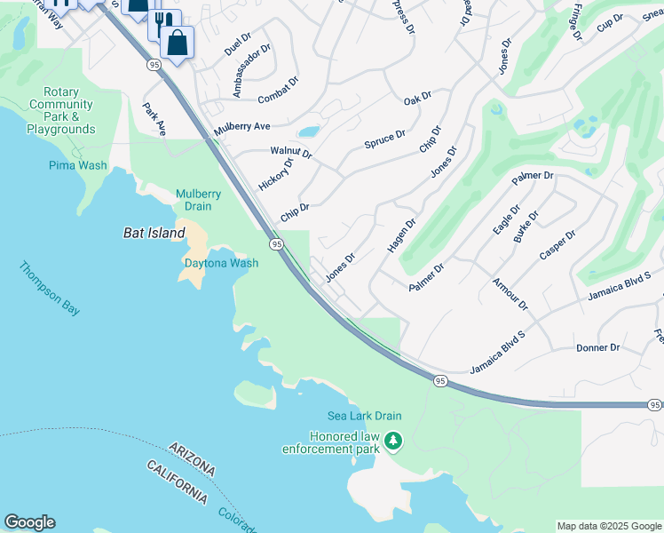 map of restaurants, bars, coffee shops, grocery stores, and more near 645 Jones Drive in Lake Havasu City