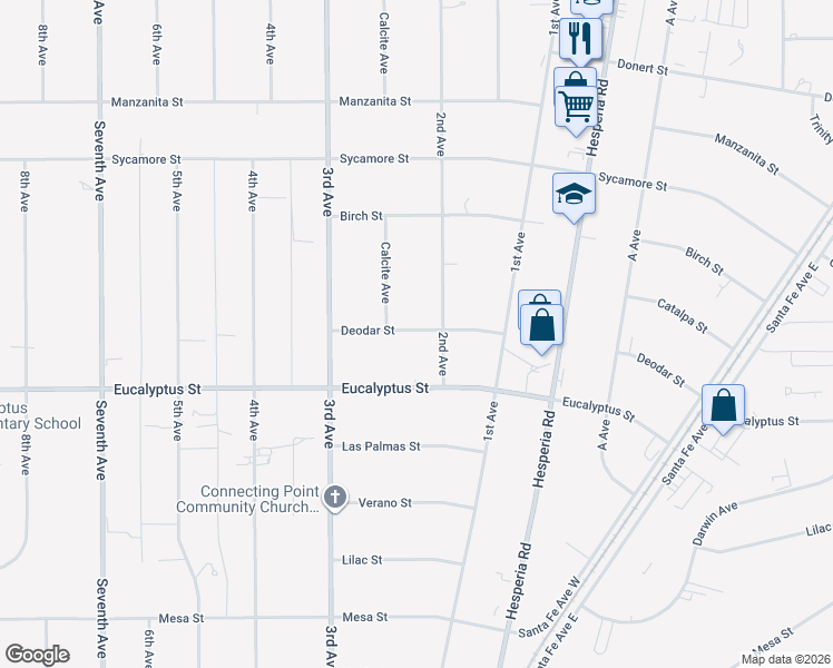 map of restaurants, bars, coffee shops, grocery stores, and more near 16661 Deodar Street in Hesperia