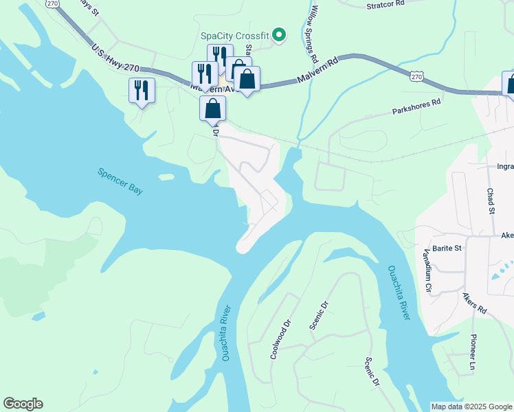 map of restaurants, bars, coffee shops, grocery stores, and more near 160 Riverview Way in Hot Springs