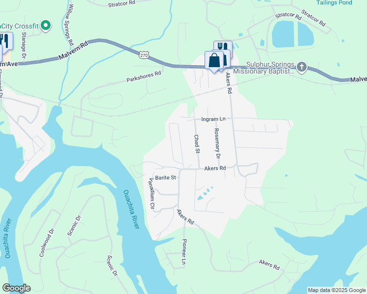 map of restaurants, bars, coffee shops, grocery stores, and more near 140 Leatherwood Loop in Hot Springs