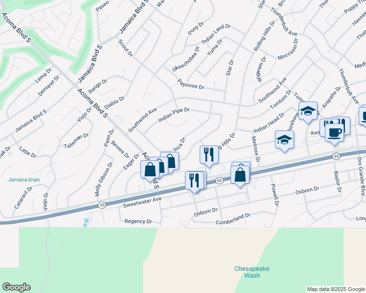 map of restaurants, bars, coffee shops, grocery stores, and more near 2850 Inca Drive in Lake Havasu City
