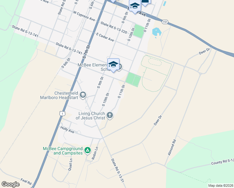 map of restaurants, bars, coffee shops, grocery stores, and more near 652 South 11th Street in McBee