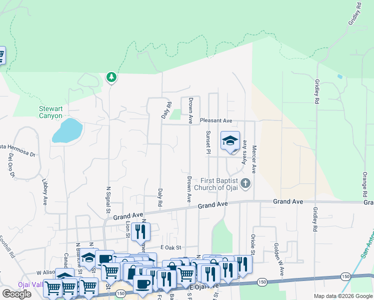 map of restaurants, bars, coffee shops, grocery stores, and more near 1109 Drown Avenue in Ojai