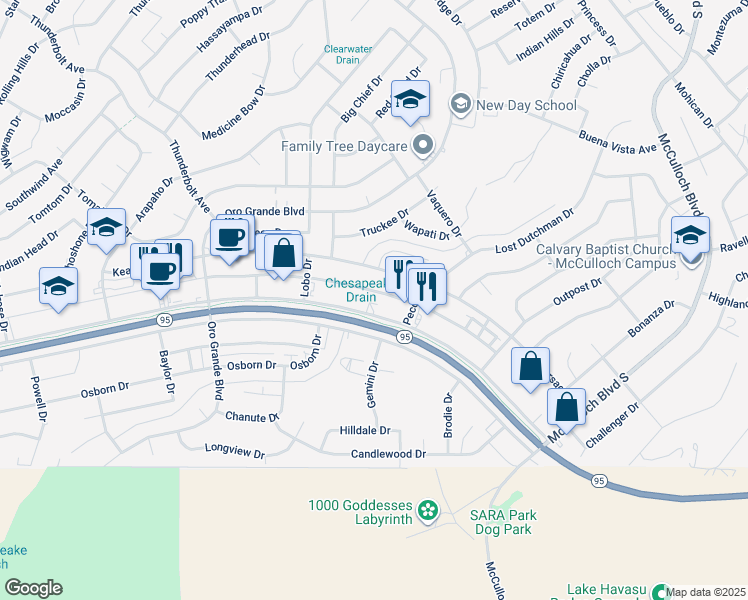 map of restaurants, bars, coffee shops, grocery stores, and more near 3417 Maricopa Avenue in Lake Havasu City