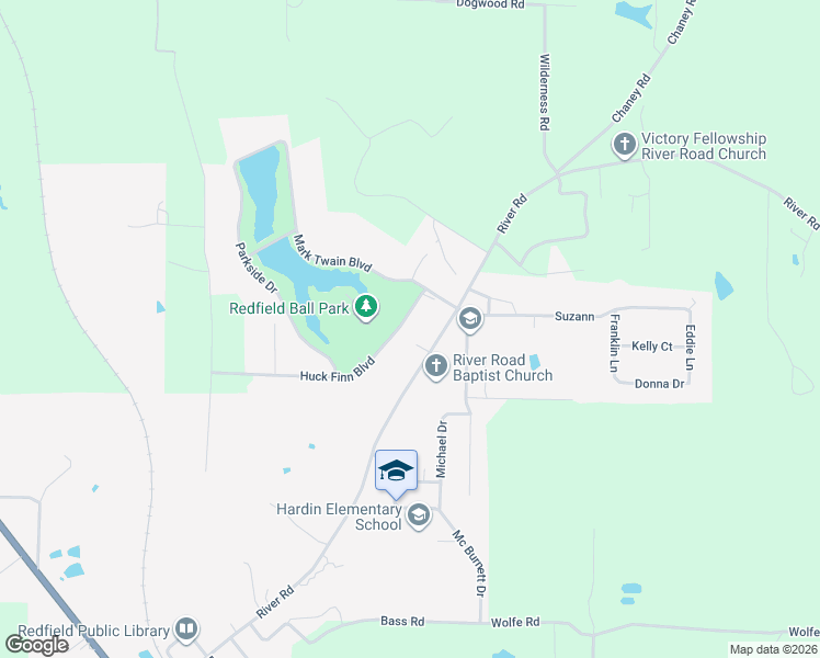 map of restaurants, bars, coffee shops, grocery stores, and more near 618 Huck Finn Boulevard in Redfield