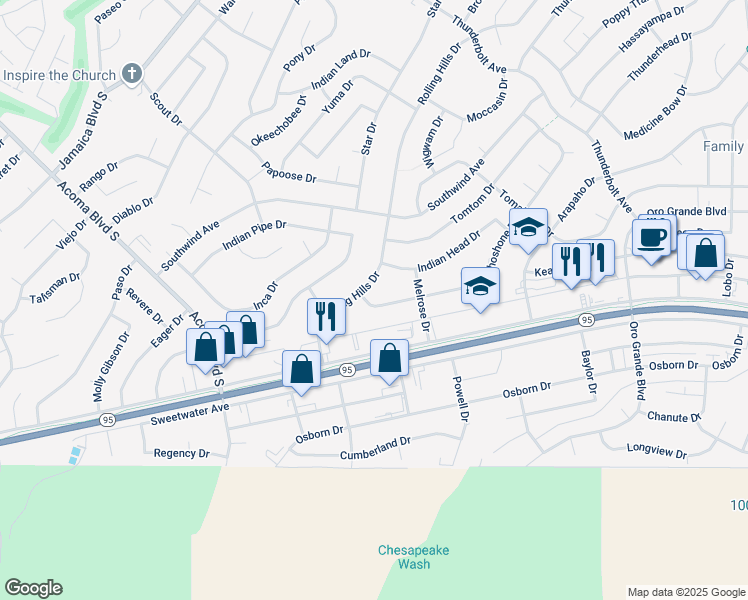 map of restaurants, bars, coffee shops, grocery stores, and more near 3047 Shoshone Drive in Lake Havasu City