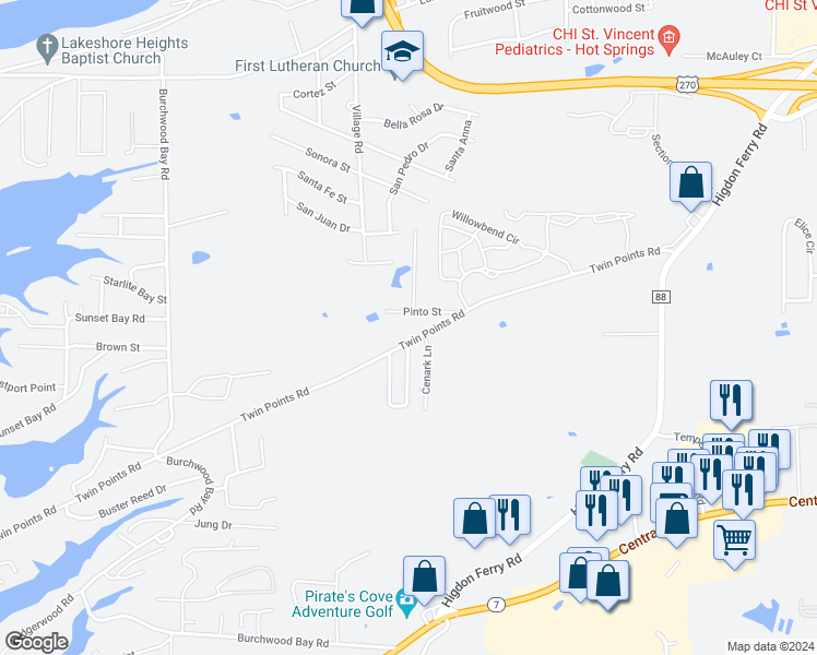 map of restaurants, bars, coffee shops, grocery stores, and more near 106 Cenark Lane in Garland County