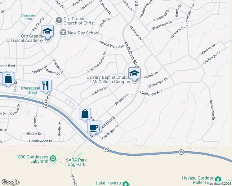 map of restaurants, bars, coffee shops, grocery stores, and more near 3712 Monterey Drive in Lake Havasu City
