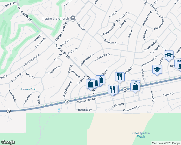 map of restaurants, bars, coffee shops, grocery stores, and more near 2740 Inca Drive in Lake Havasu City