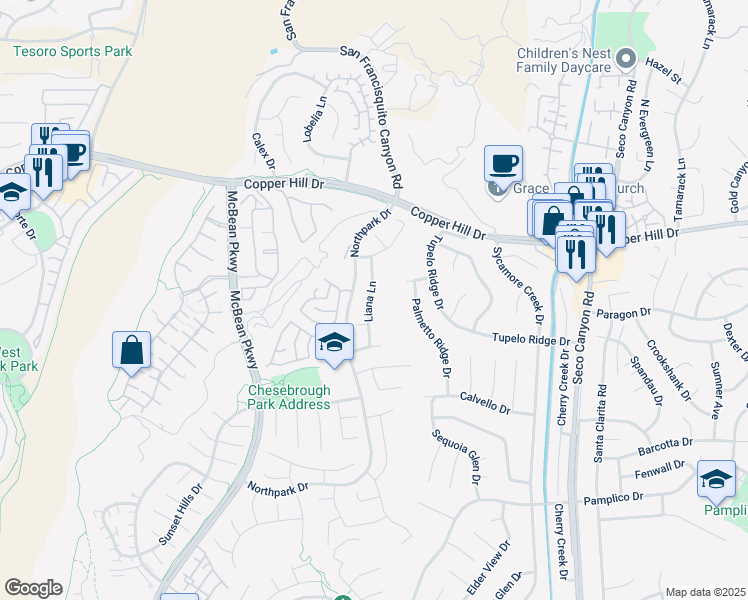 map of restaurants, bars, coffee shops, grocery stores, and more near 28044 Liana Lane in Santa Clarita