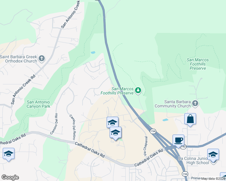 map of restaurants, bars, coffee shops, grocery stores, and more near 1081 Via Chaparral in Santa Barbara