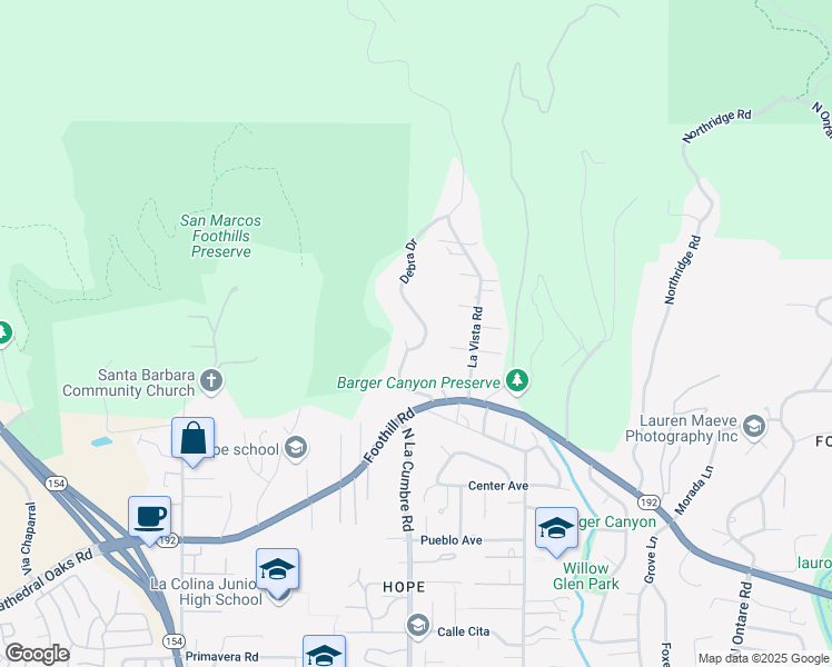 map of restaurants, bars, coffee shops, grocery stores, and more near 959 Debra Drive in Santa Barbara
