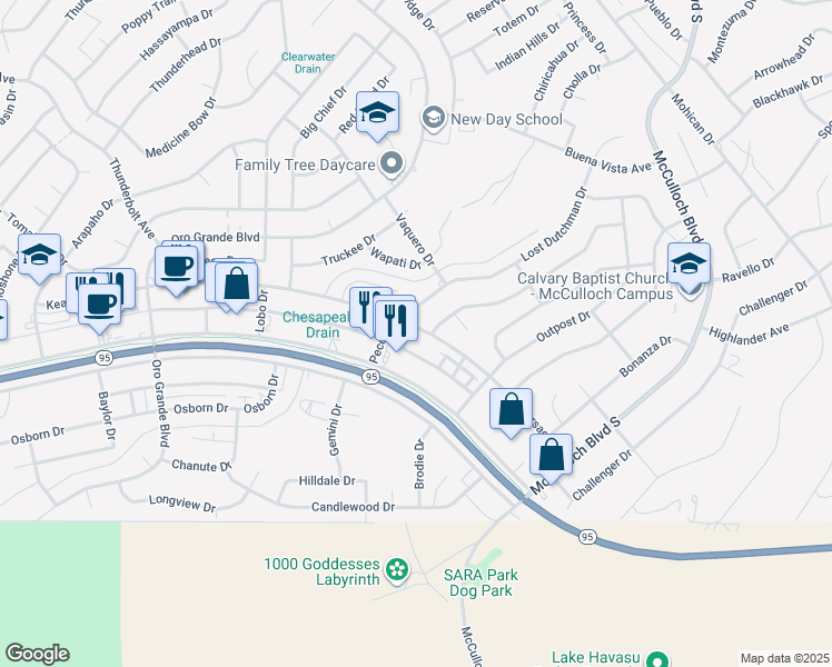 map of restaurants, bars, coffee shops, grocery stores, and more near 3498 Kearsage Drive in Lake Havasu City