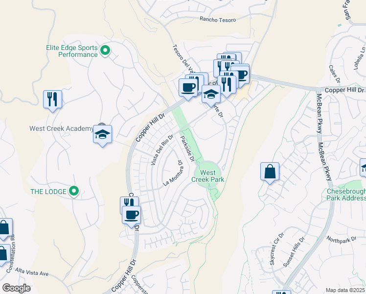 map of restaurants, bars, coffee shops, grocery stores, and more near 28653 Parkside Drive in Santa Clarita