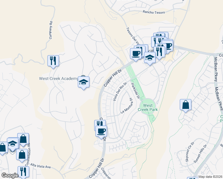 map of restaurants, bars, coffee shops, grocery stores, and more near 28635 Solana Court in Santa Clarita