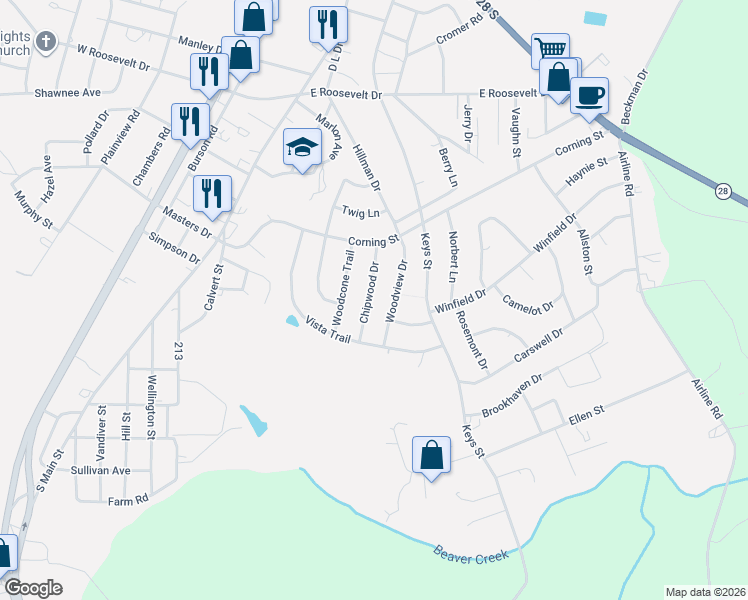 map of restaurants, bars, coffee shops, grocery stores, and more near 3513 Chipwood Drive in Anderson