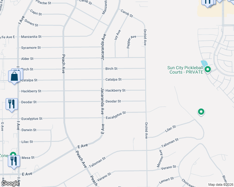 map of restaurants, bars, coffee shops, grocery stores, and more near 18301 Hackberry Street in Hesperia