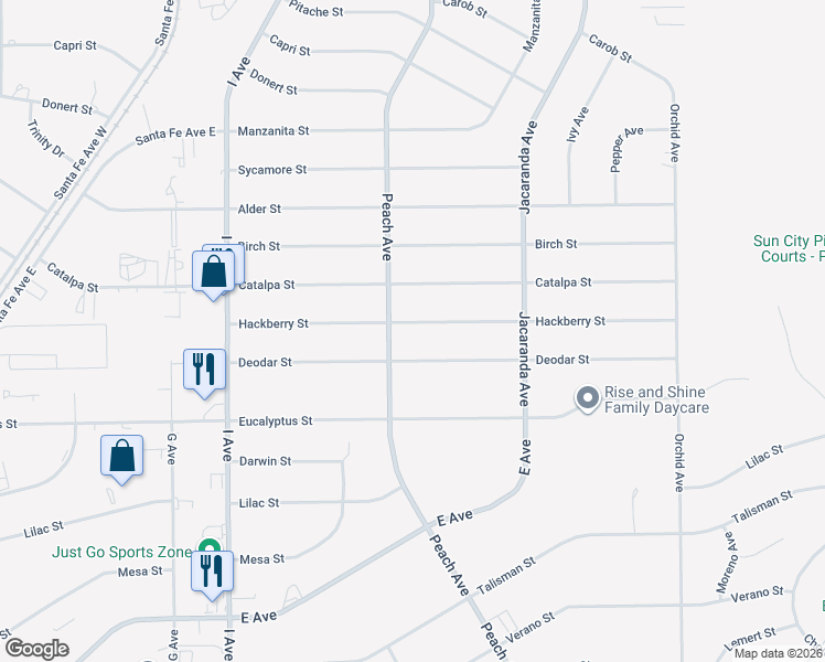 map of restaurants, bars, coffee shops, grocery stores, and more near 18031 Hackberry Street in Hesperia