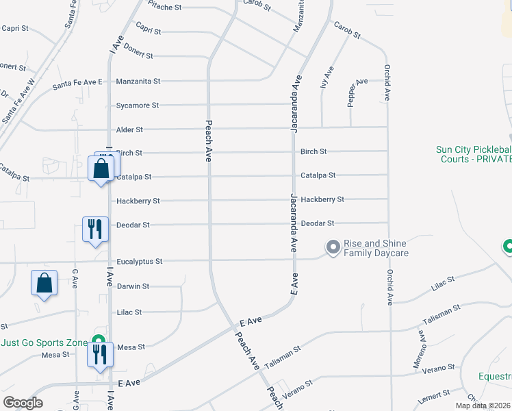 map of restaurants, bars, coffee shops, grocery stores, and more near 18125 Hackberry Street in Hesperia