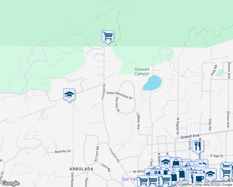 map of restaurants, bars, coffee shops, grocery stores, and more near 565 Vista Hermosa Drive in Ojai