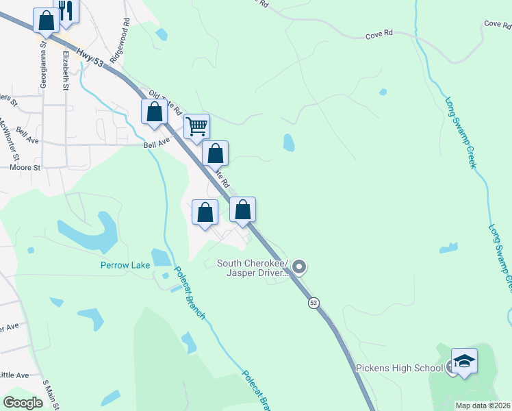 map of restaurants, bars, coffee shops, grocery stores, and more near 87 Ballew Drive South in Jasper