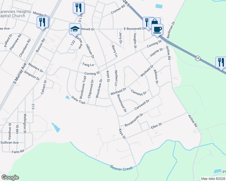 map of restaurants, bars, coffee shops, grocery stores, and more near 101 Norbert Lane in Anderson