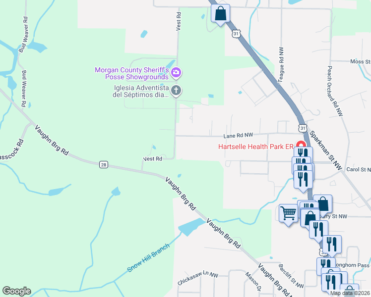 map of restaurants, bars, coffee shops, grocery stores, and more near 1504 Vest Road in Hartselle