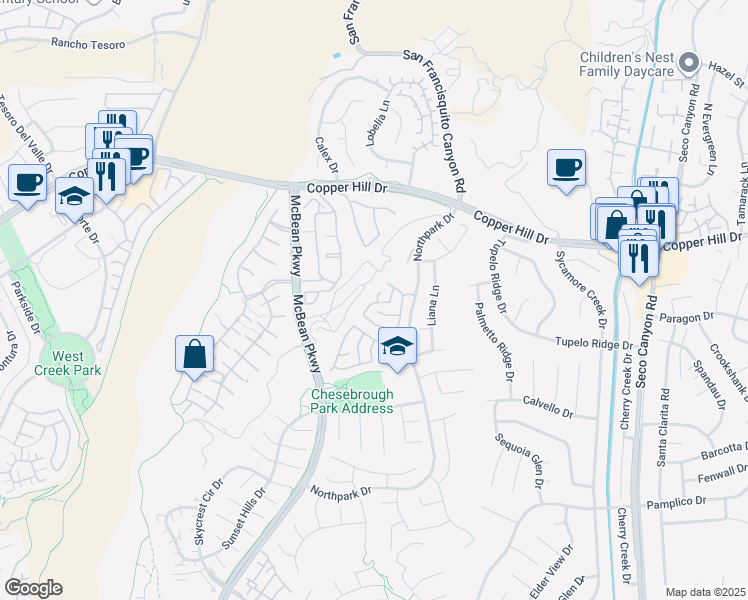 map of restaurants, bars, coffee shops, grocery stores, and more near 28120 Castillo Lane in Santa Clarita