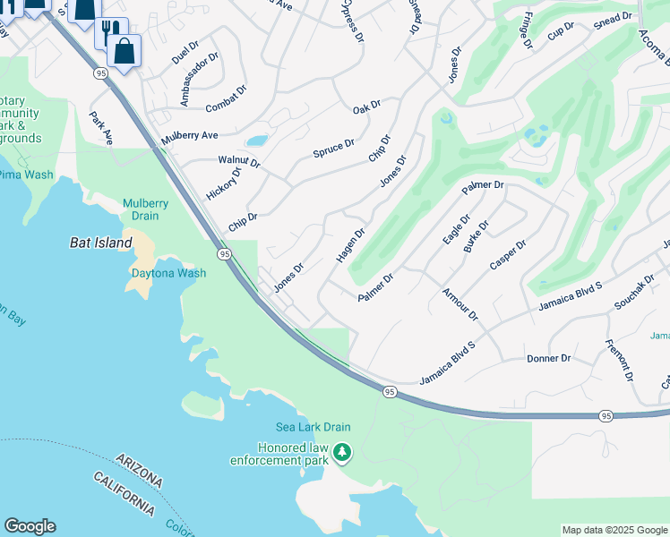 map of restaurants, bars, coffee shops, grocery stores, and more near 590 Hagen Way in Lake Havasu City