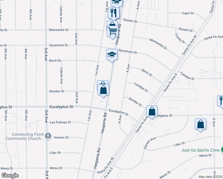 map of restaurants, bars, coffee shops, grocery stores, and more near 11389 Hesperia Road in Hesperia